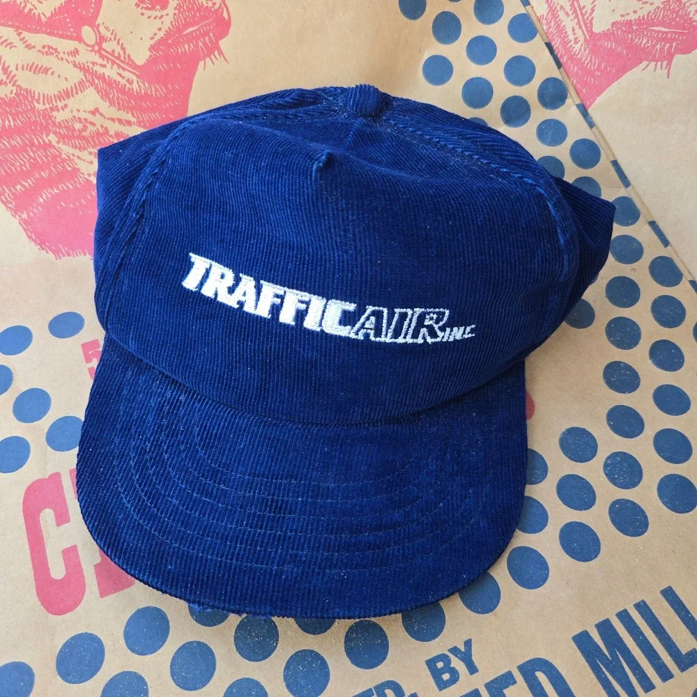 VTG Traffic Air Inc Hat Aviation Blue OSFA Corduroy Snapback Trucker Cap Broken